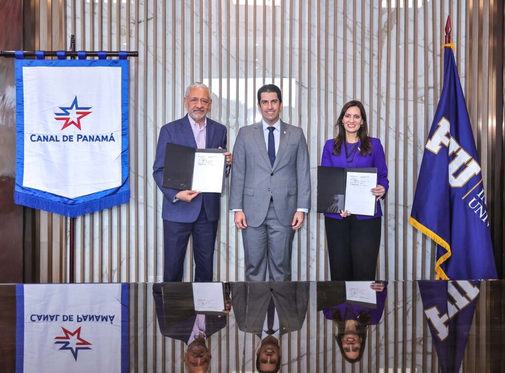 Panama Canal officials and Florida International University delegation at the Administration Building and Miraflores Locks during the MOU signing ceremony