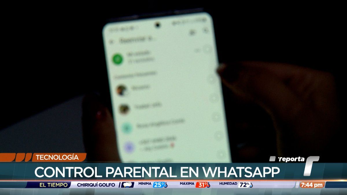 Smartphone showing WhatsApp app and Meta logo, with a parent and child using a phone in the background to illustrate parental controls