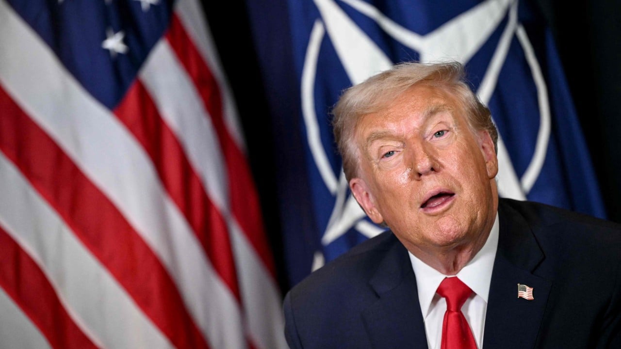 Donald Trump speaking with raised hand alongside a screenshot of his social media post calling NATO a 'paper tiger'