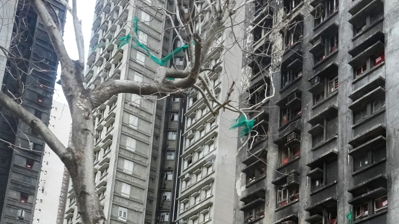 A city street in Hong Kong with emergency lights near residential buildings after a major fire