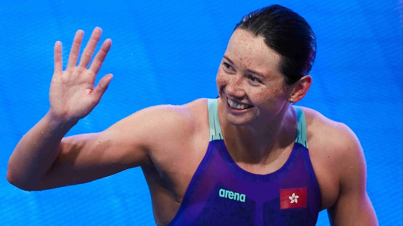 Siobhan Haughey touching the wall after winning the women’s 50m freestyle at the Longgang Universiade Centre Natatorium in Shenzhen