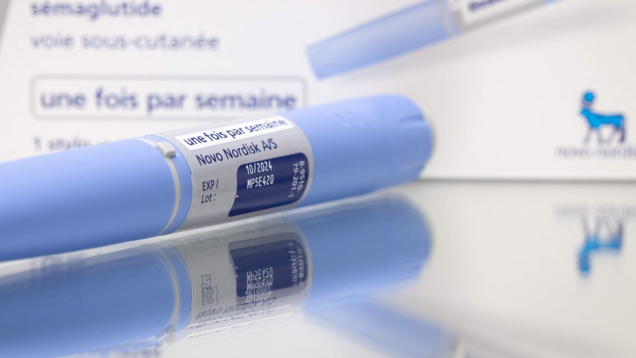 Vials and injection pen for weight-loss drugs displayed against a backdrop of a map of China, symbolizing domestic competition after patent expiry