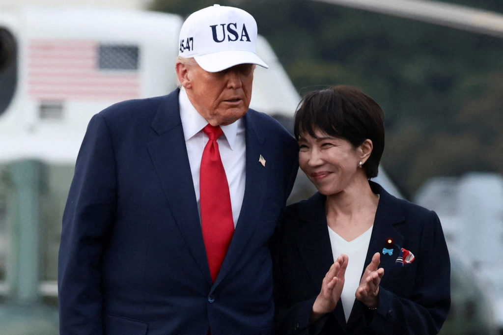 Japanese Prime Minister Sanae Takaichi and U.S. President Donald Trump at the White House during an official meeting