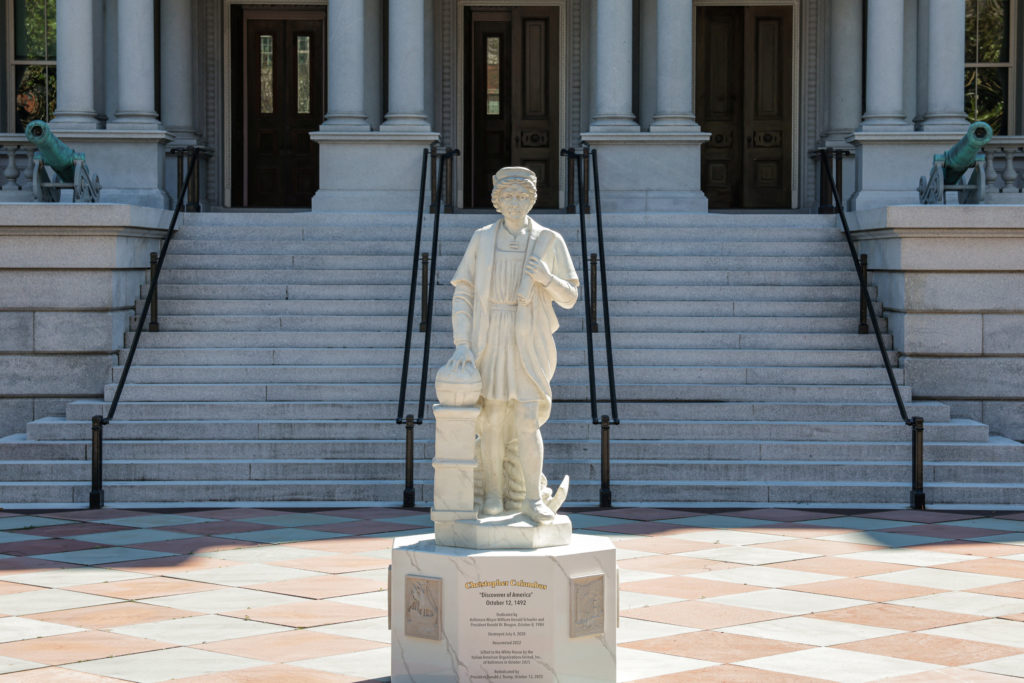 Replica statue of Christopher Columbus installed outside the Eisenhower Executive Office Building near the White House
