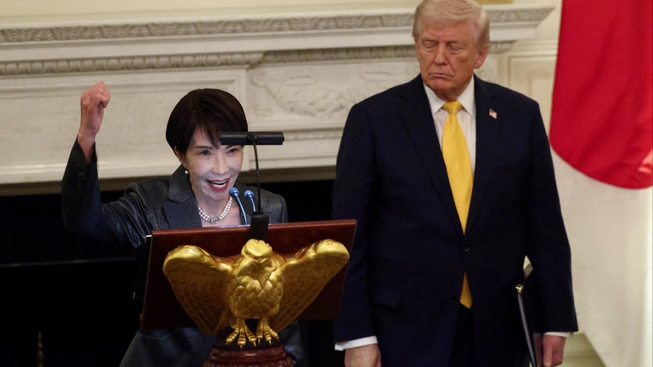 President Donald Trump and Japan Prime Minister Sanae Takaichi at a joint Oval Office press conference, with Takaichi appearing visibly stiffened
