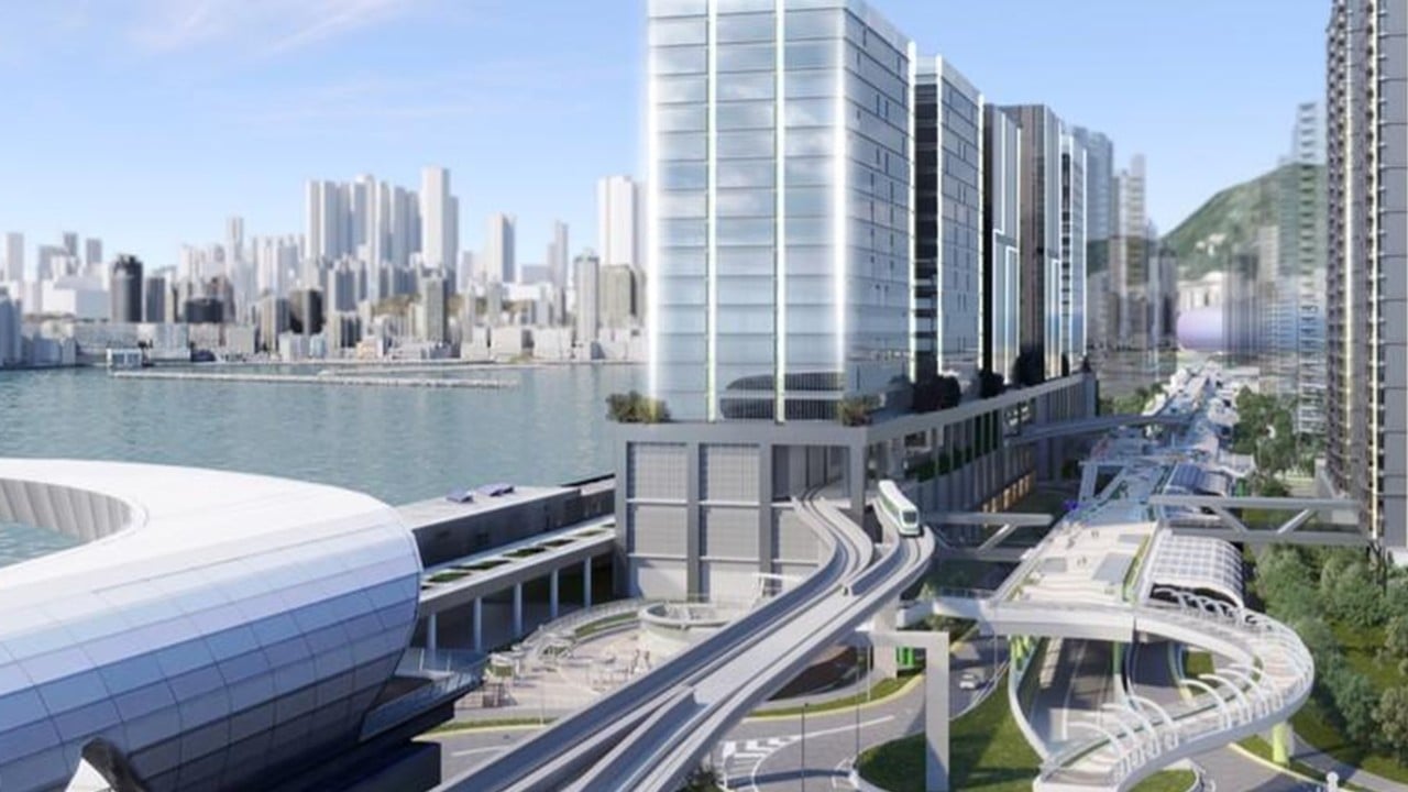 Illustration of Hong Kong’s Kai Tak district with an elevated rail line and cruise terminal in the background