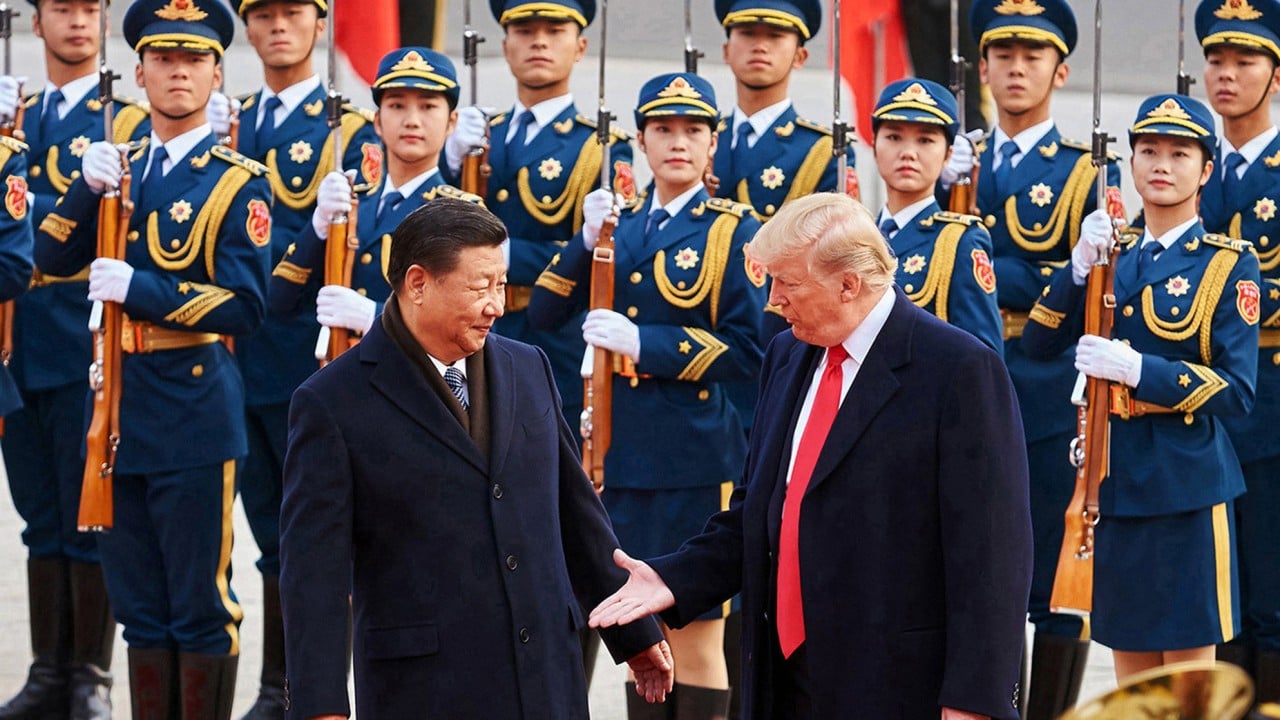 Composite image suggesting a postponed US‑China summit: President Donald Trump and Chinese leader Xi Jinping with a backdrop of the Beijing skyline and maritime traffic