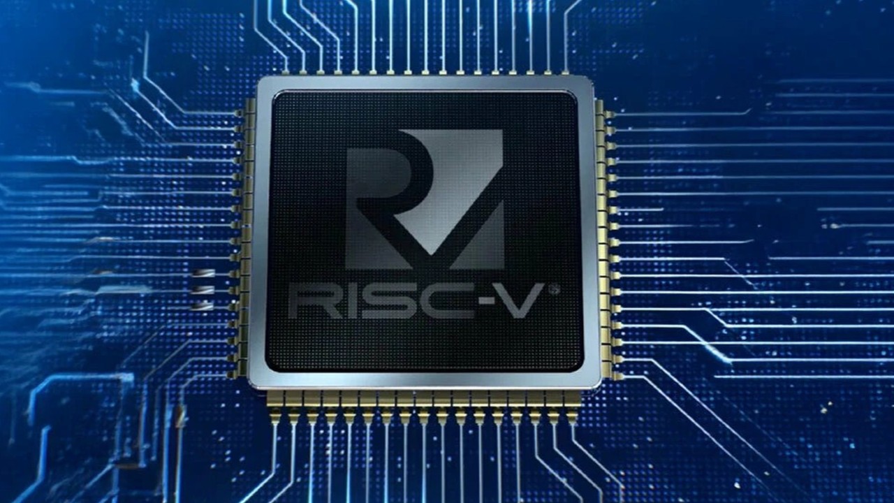Representative image of microchip circuitry with an overlaid RISC‑V logo concept and Hong Kong skyline in the background