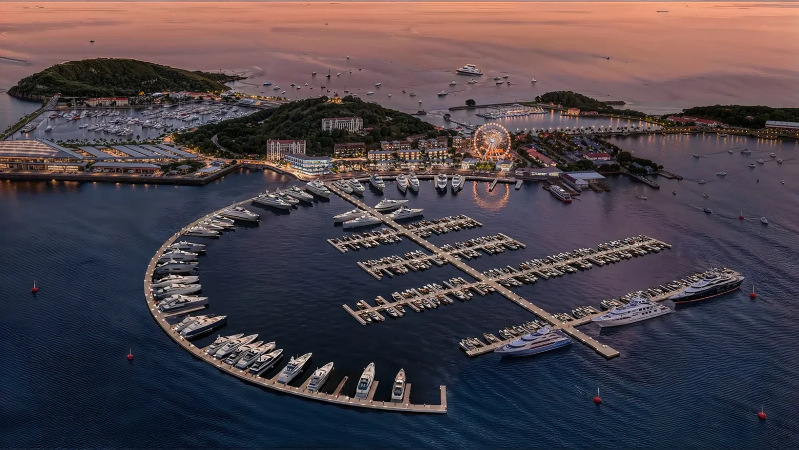 A conceptual waterfront marina in Panama with luxury yachts docked near the Amador Causeway and Panama City skyline