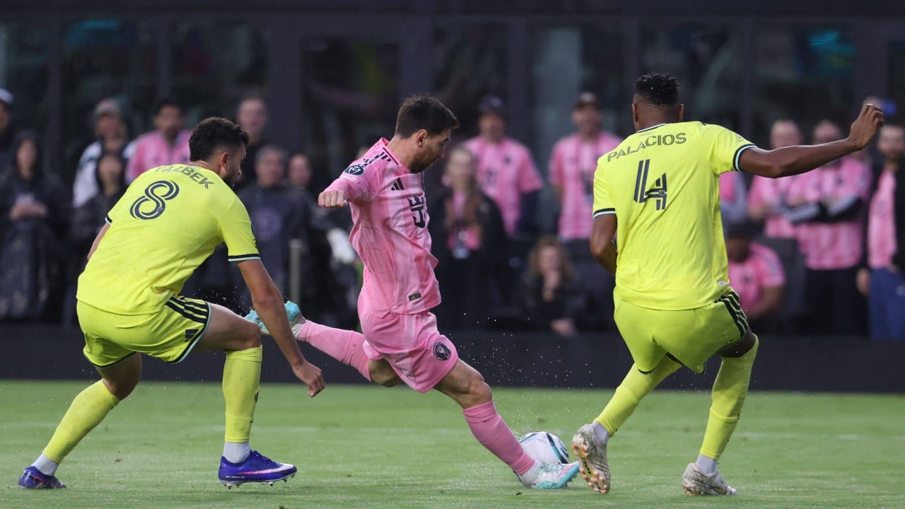 Lionel Messi celebrating after scoring for Inter Miami during the Concacaf Champions Cup match against Nashville SC