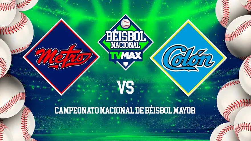Players from Panamá Metro and Colón on the baseball field with fans in the stands and a TVMAX broadcast logo overlay
