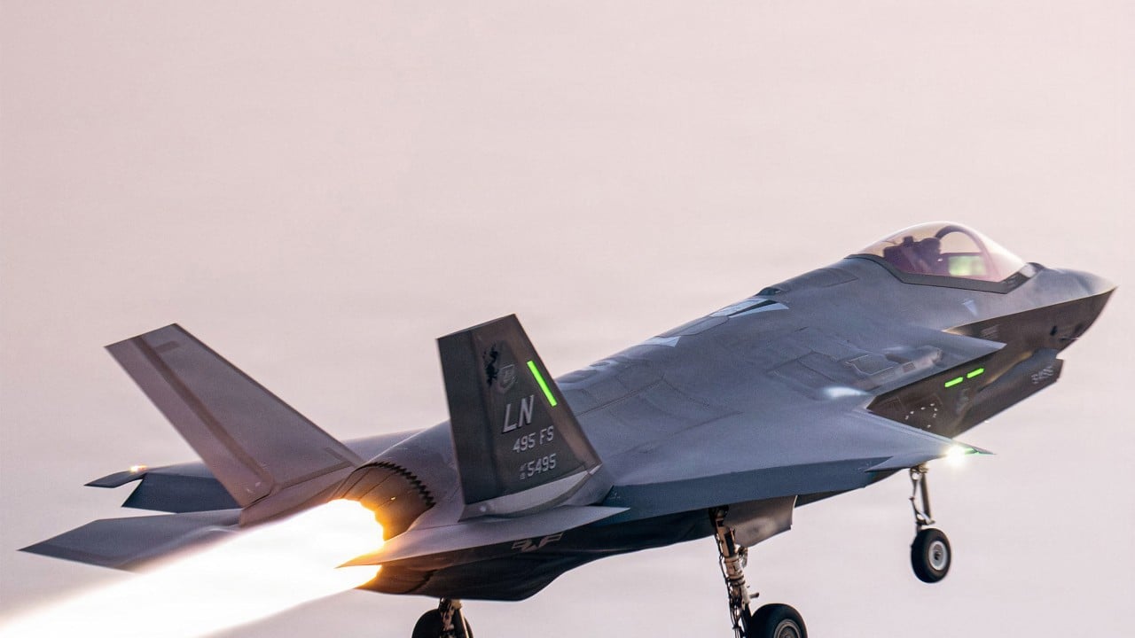 US F-35 stealth fighter jet making an emergency landing at a military airbase after a combat mission