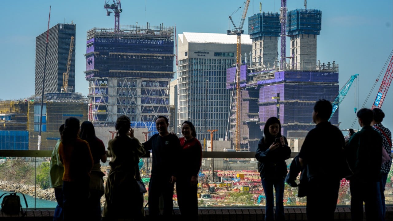 View of West Kowloon Cultural District development with commercial buildings and the Artist Square arts hub under development
