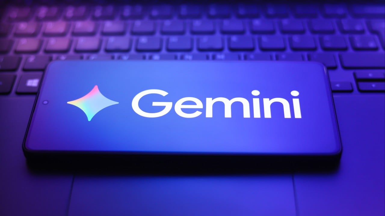 Smartphone screen showing the Google Gemini AI app interface with Hong Kong skyline in the background