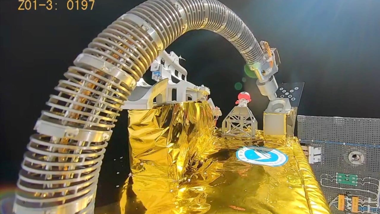 Illustration or photo of a commercial satellite in low Earth orbit using a flexible robotic arm to perform refuelling or servicing