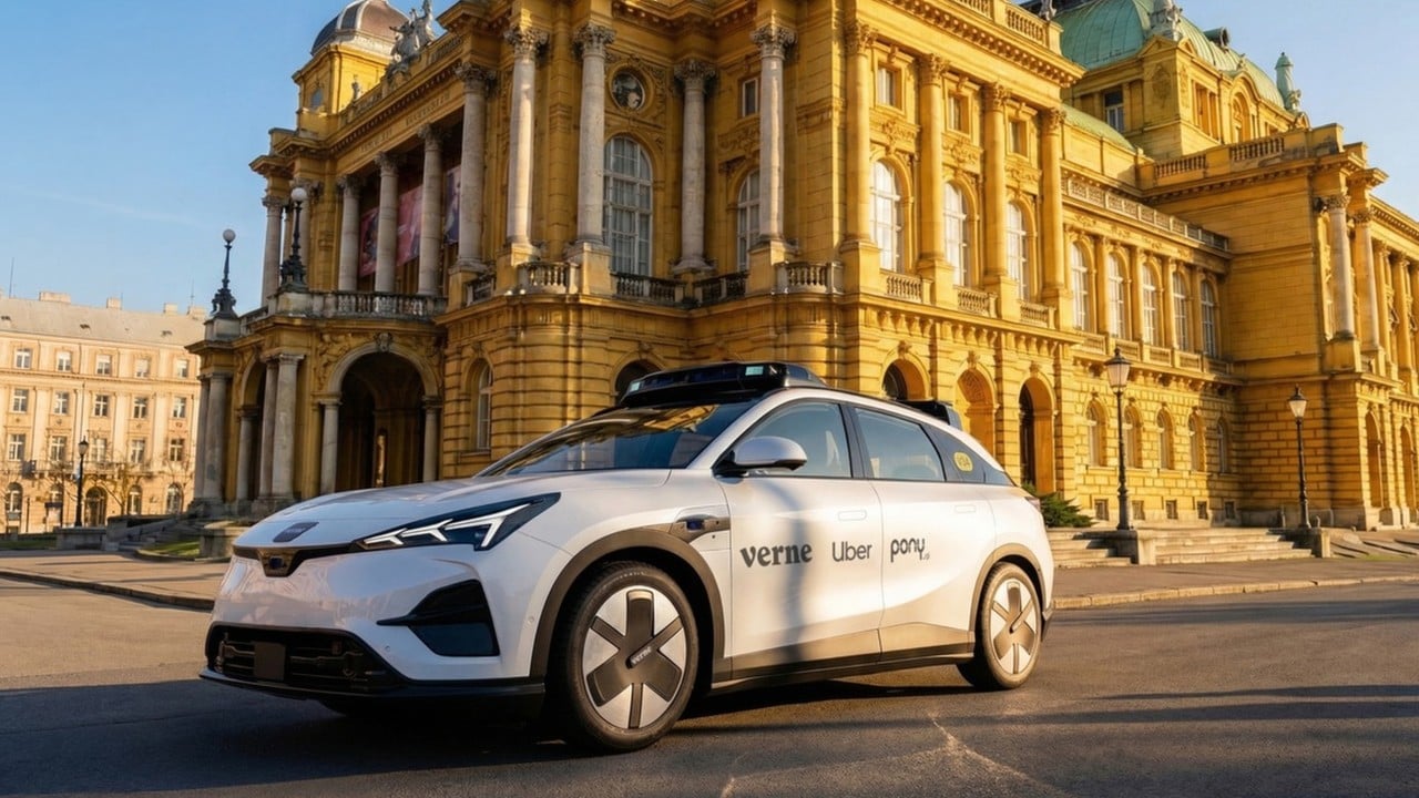 A Pony AI robotaxi prototype with Uber and Verne logos, near Zagreb city streets