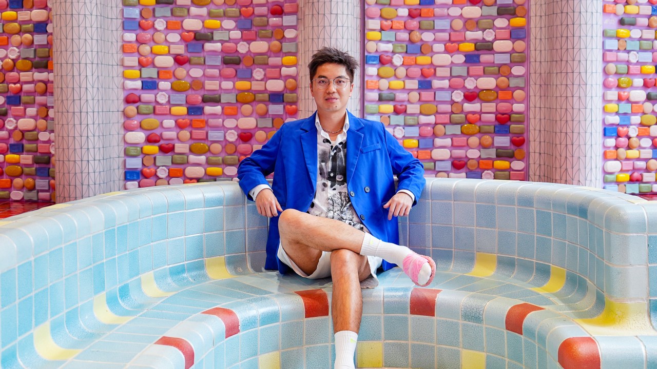Detail of Chan Wai-lap's artwork showing hand-drawn analogue objects such as dot-matrix printouts and school report imagery, with pool-inspired tones