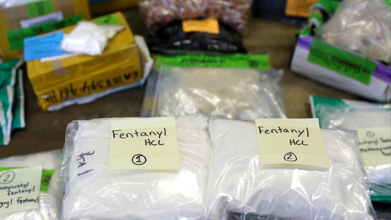 Police and officials outside a factory in Hubei province during an anti-fentanyl operation