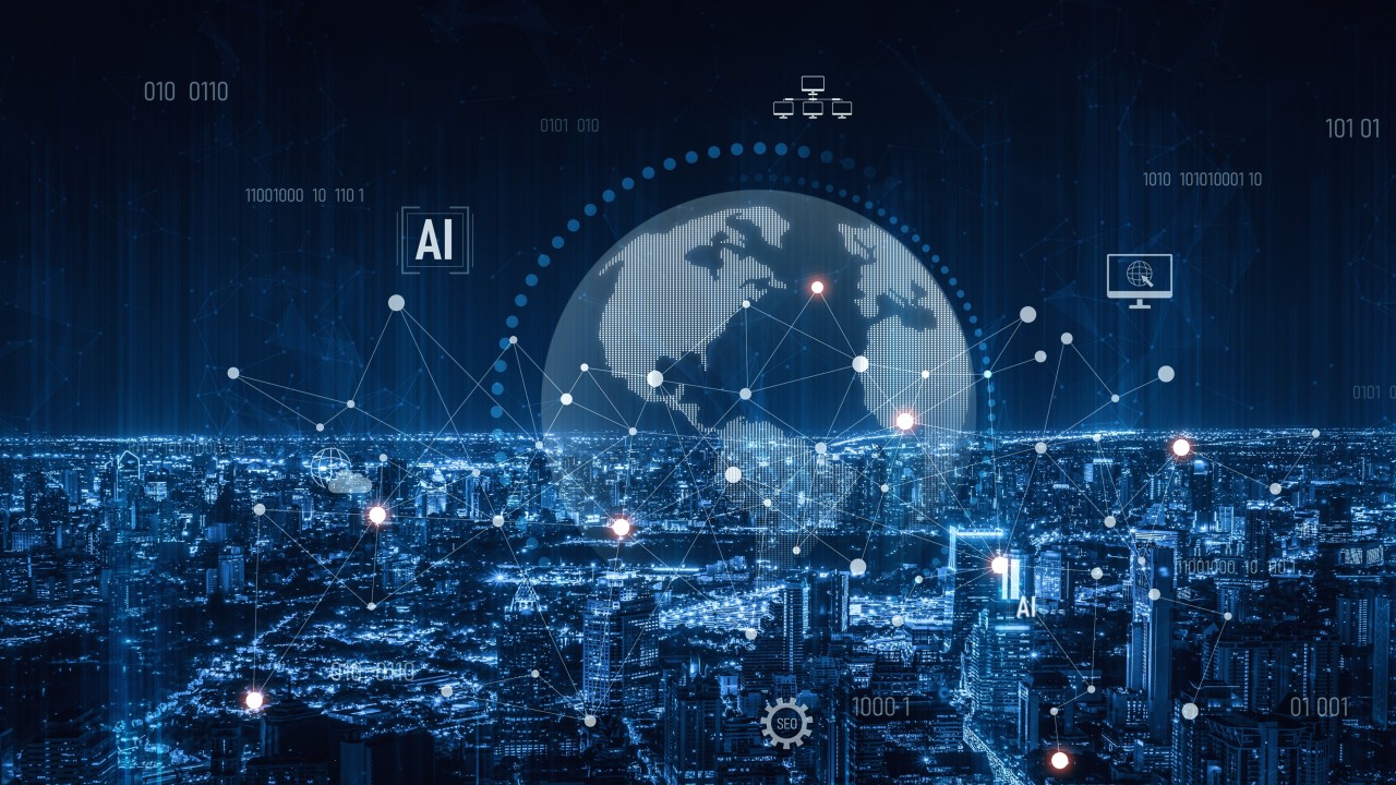 Alibaba Cloud logo with servers and an AI-themed digital overlay suggesting global cloud services