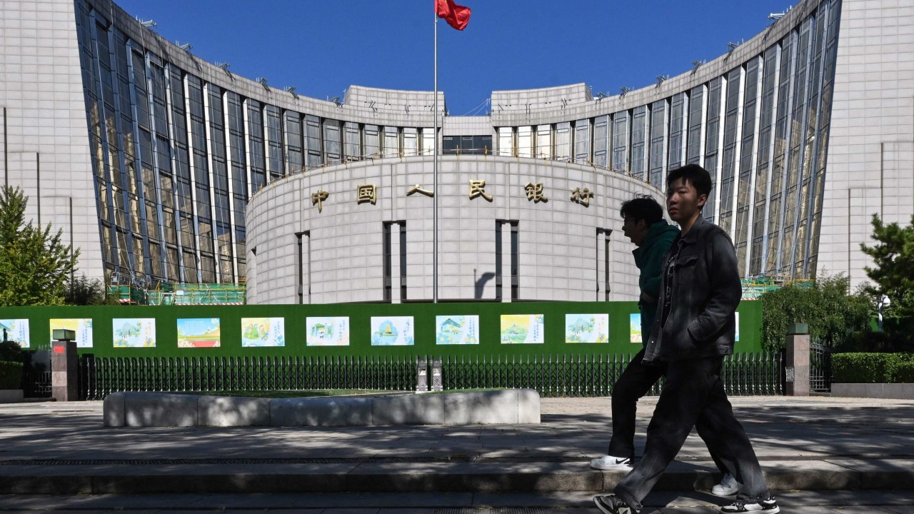 Chinese flag above a financial district skyline with overlaid digital data graphics suggesting finance and security
