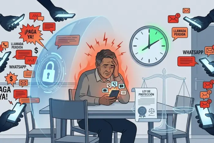 Person holding a mobile phone and documents on a table, symbolizing debt collection and consumer protection measures in Panama