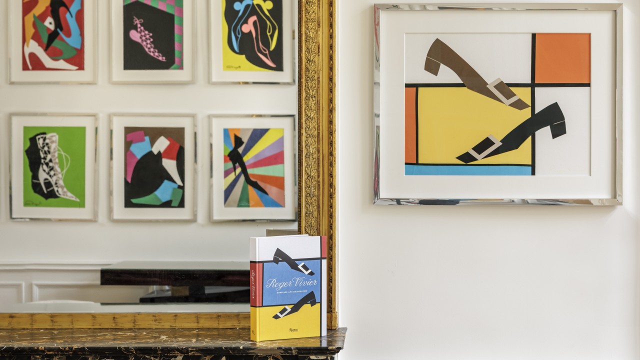 Photographs from the Rizzoli monograph showing iconic Roger Vivier shoes, including a Belle Vivier pump and the comma-shaped Virgule heel