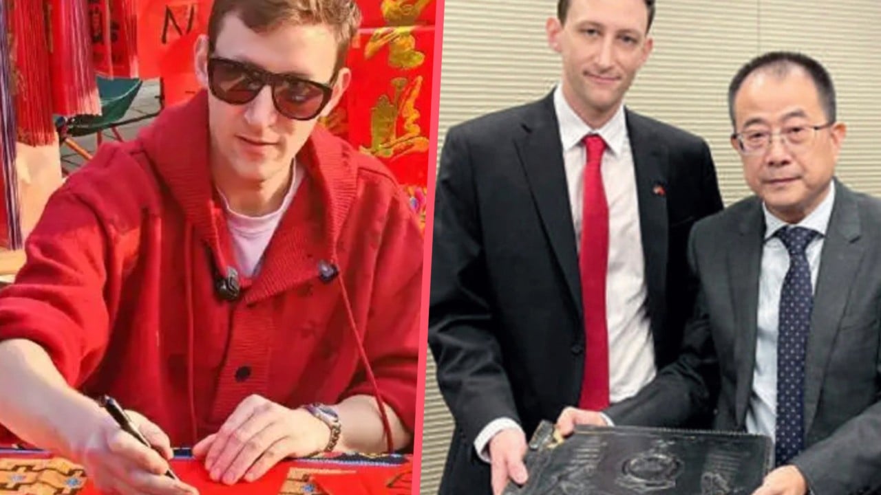 Evan Kail in Tianjin with a Chinese porcelain gift, symbolizing his donation of WWII photographs