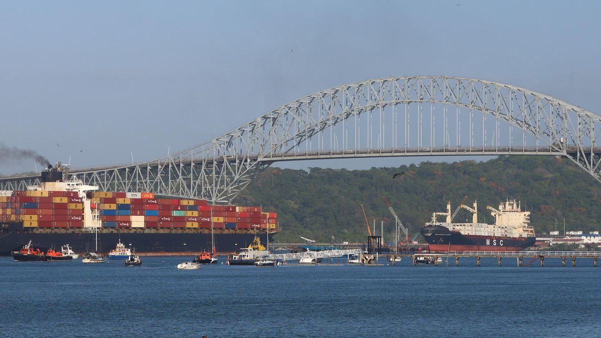 Inspectors boarding a large commercial ship flying the Panamanian flag at a busy port, with cranes and container stacks in the background