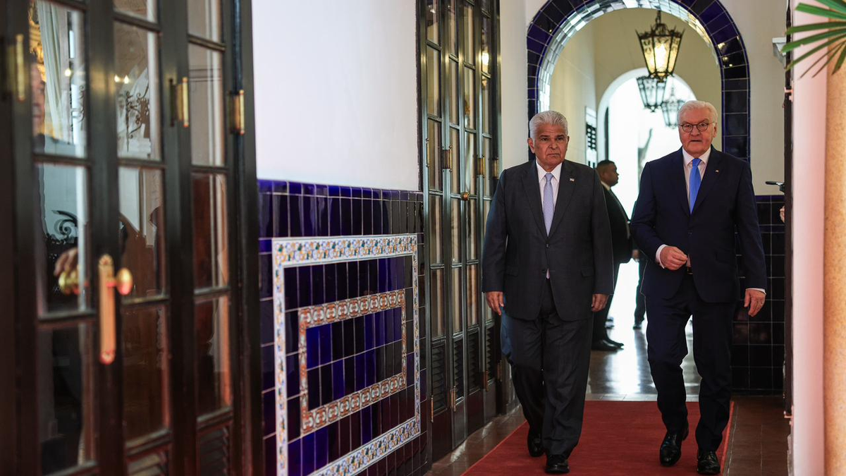 German President Frank-Walter Steinmeier speaking at a podium in Panama, warning the Iran conflict could expand