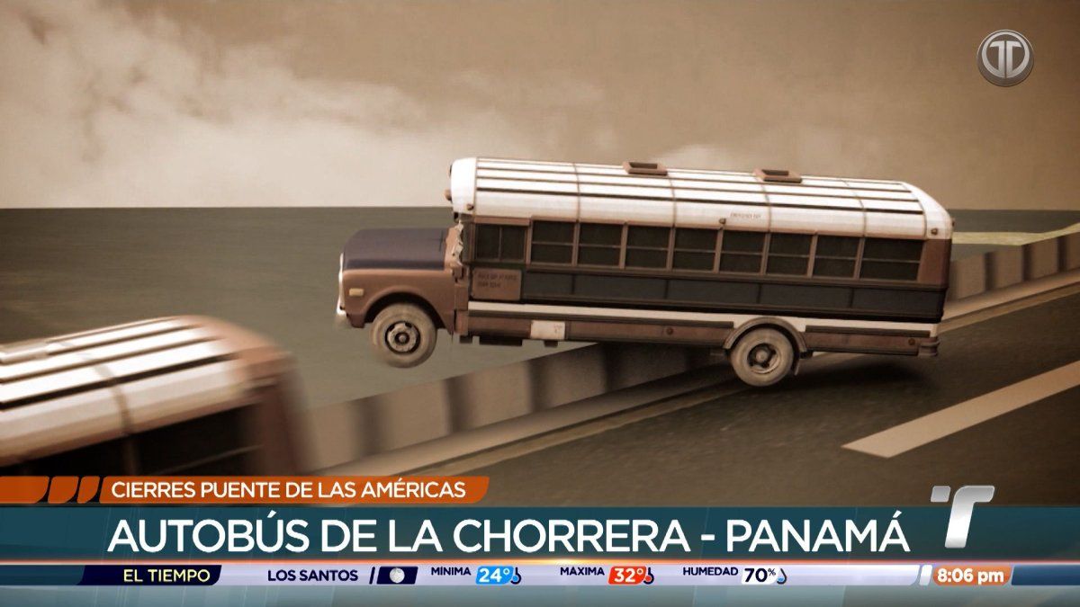 Traffic moving across the Bridge of the Americas in Panama with the city skyline and Panama Bay in the background