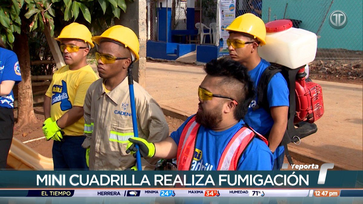 Municipal workers carrying out fumigation and mosquito breeding-site cleanup in a Panama City neighborhood