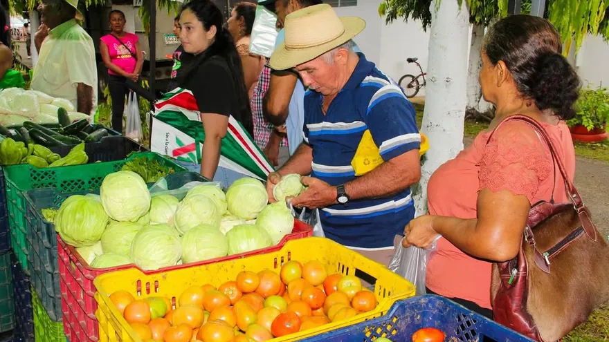 Shoppers at an IMA Agroferia buying affordable basic food basket products at an open-air market in Panama