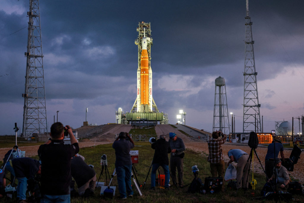 NASA rocket being prepared for launch on the pad ahead of the Artemis II Moon mission