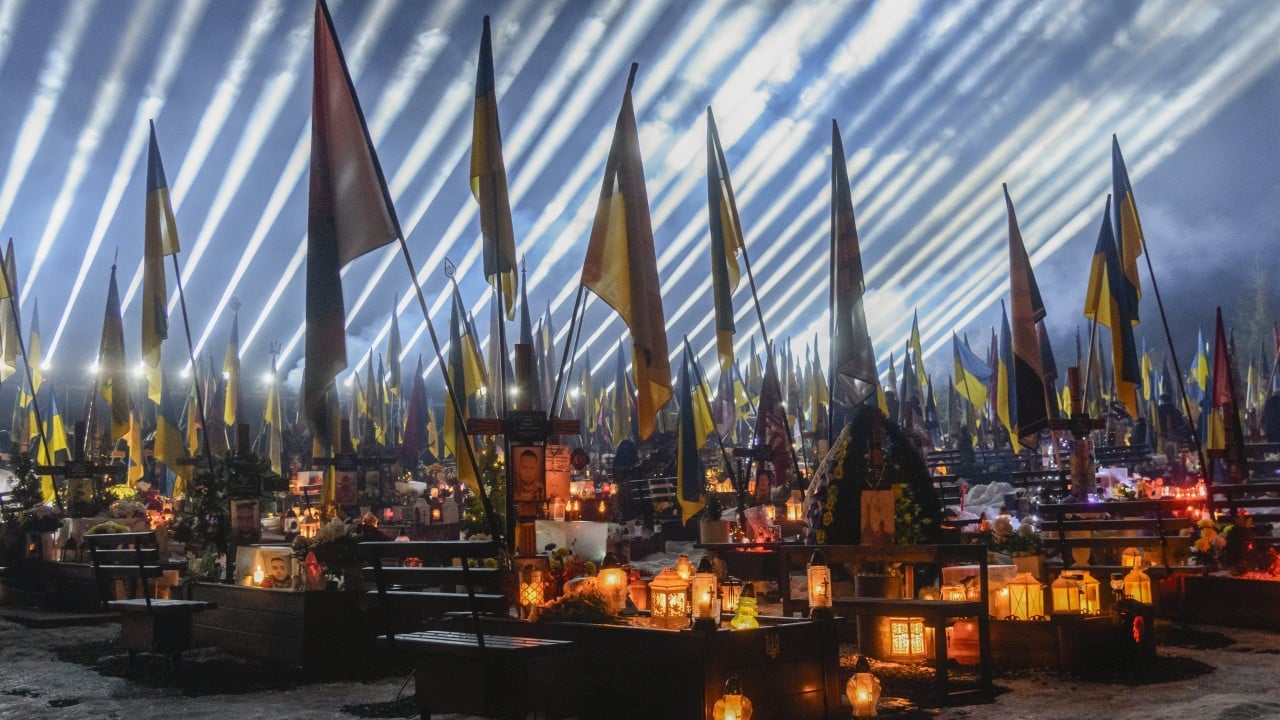 Russian and Ukrainian flags over a battlefield scene symbolizing the Orthodox Easter ceasefire