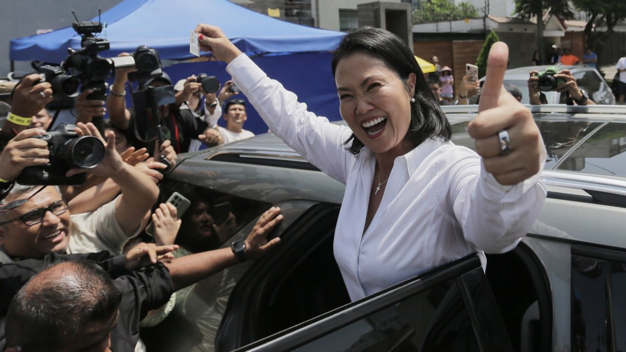 Keiko Fujimori speaking at a campaign event during Peru's presidential election