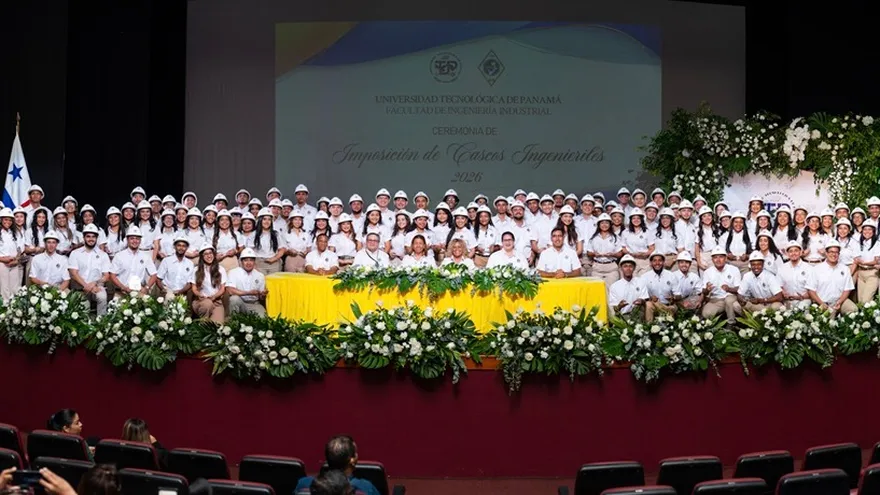 Engineering students in Panama taking part in a helmet presentation ceremony at the Technological University of Panama