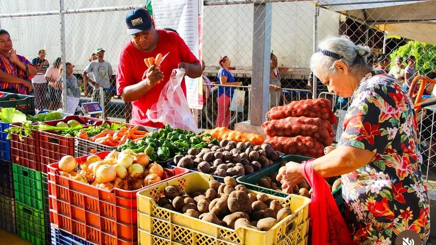 Shoppers buying affordable basic food basket products at an IMA Agroferia in Panama