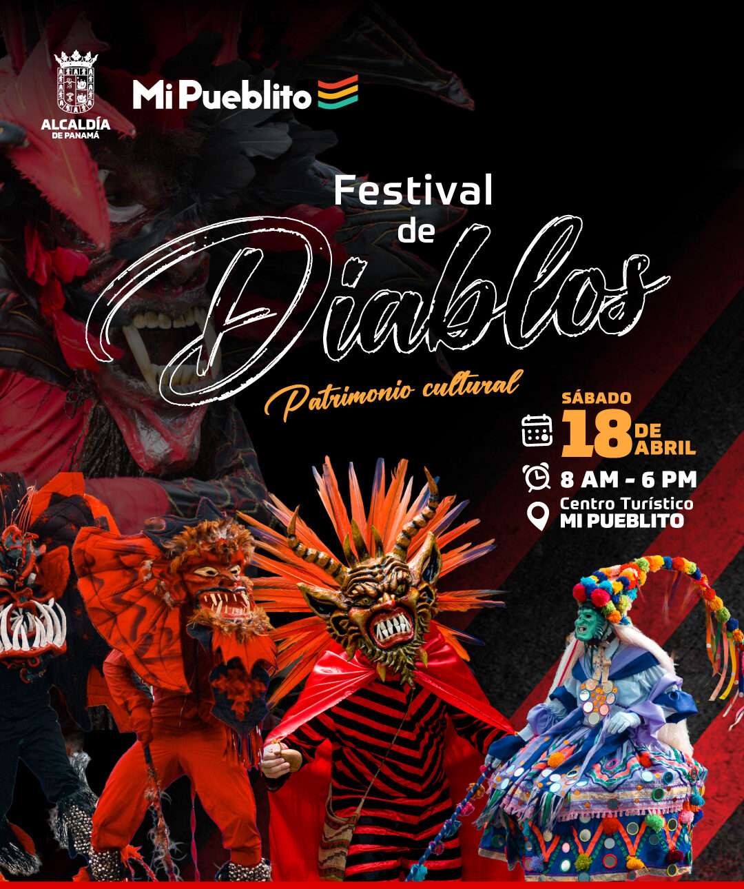 Dancers in colorful devil masks and traditional costumes performing at a folkloric festival in Panama City