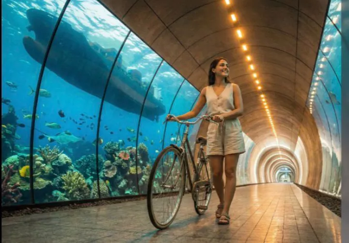 Concept image of a pedestrian and bicycle tunnel beneath the Panama Canal with park-like entrances on both sides
