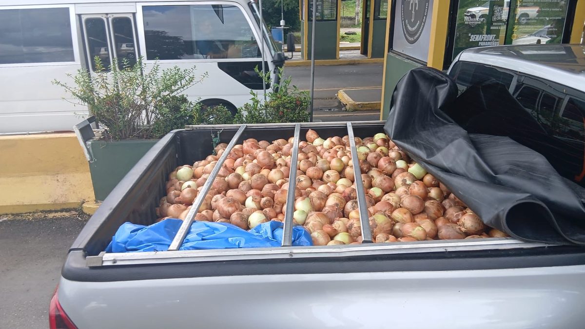 Onion sacks and agricultural produce ready for purchase in Panama's Azuero region