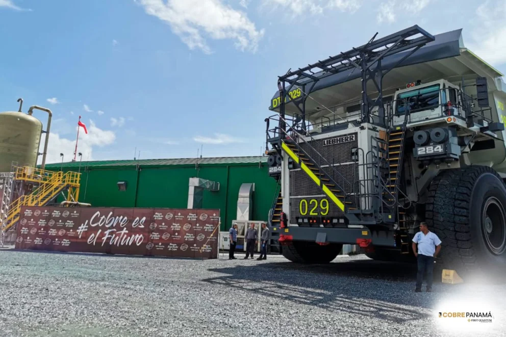 Aerial view of the Cobre Panamá mining site with large ore stockpiles and mining infrastructure in Donoso, Panama
