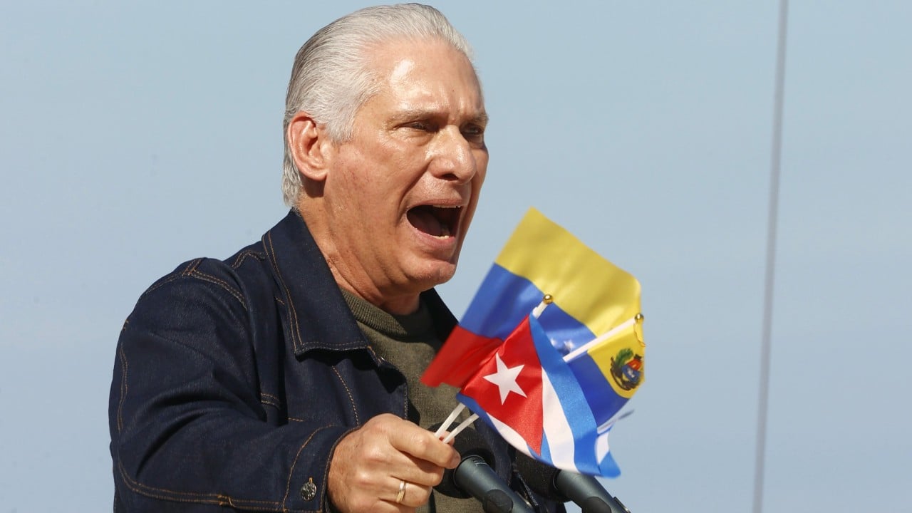 Cuban President Miguel Díaz-Canel speaking during a television interview