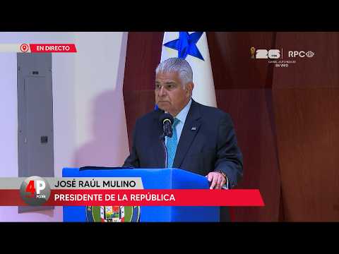 President José Raúl Mulino speaking at a podium during a weekly press conference in Panama City