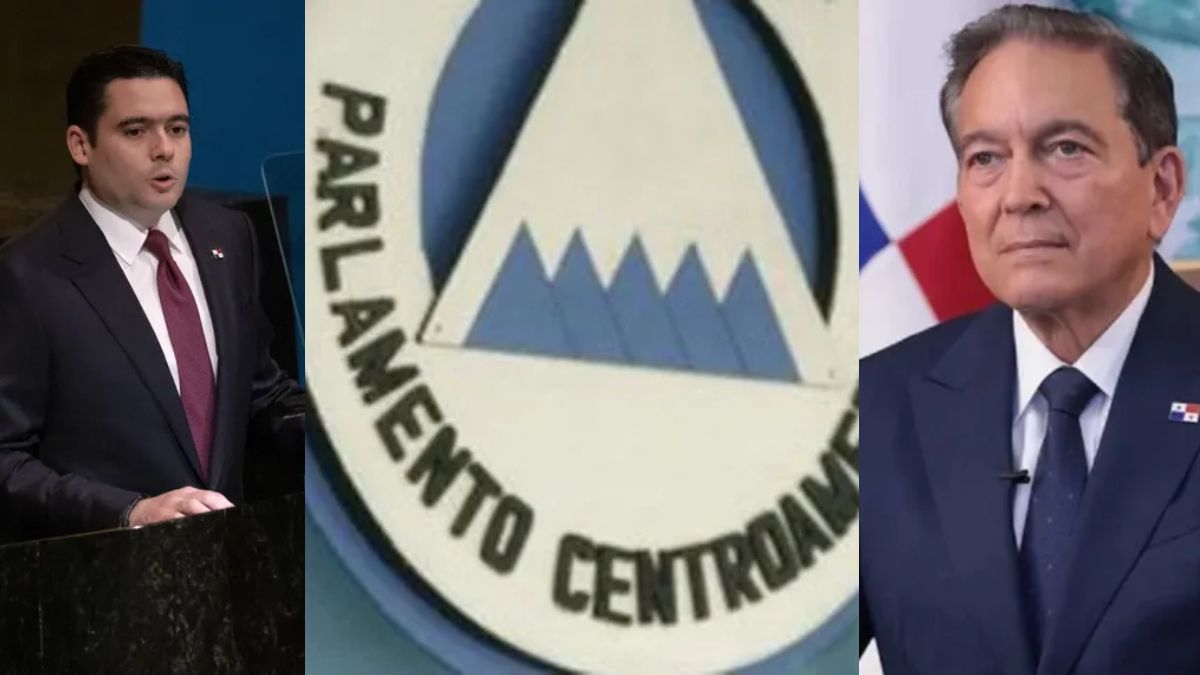 Panama political figures and the Parlacen building representing a regional parliamentary session