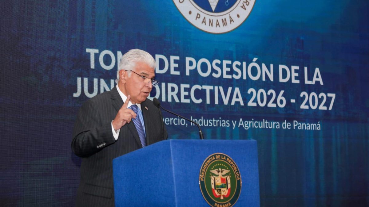 President José Raúl Mulino speaking at a public event about Panama’s economic growth, tourism and logistics