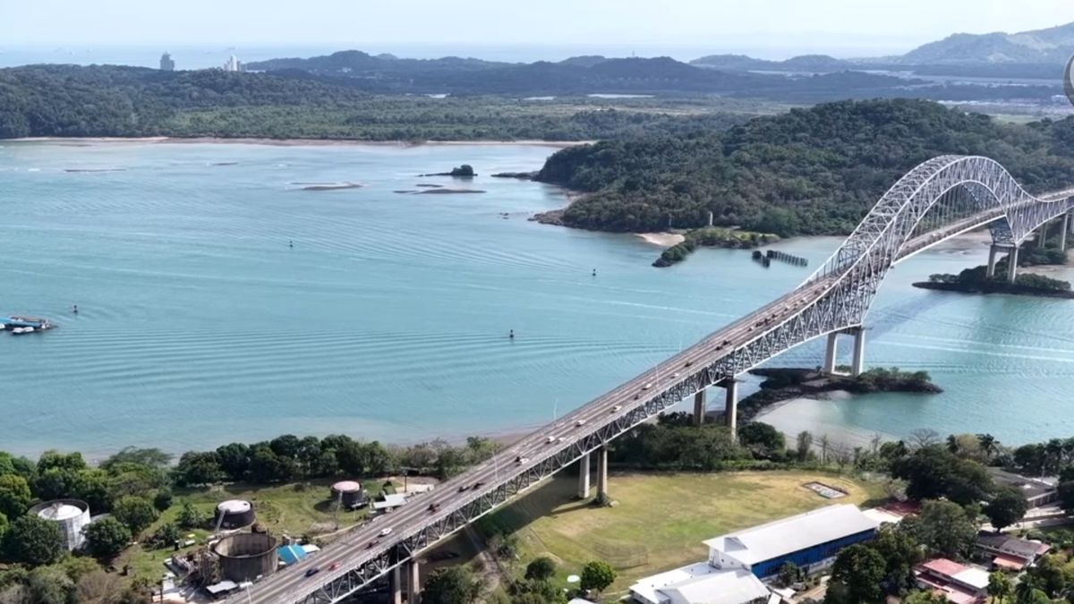 The Bridge of the Americas in Panama City with traffic crossing the span over the Panama Canal entrance