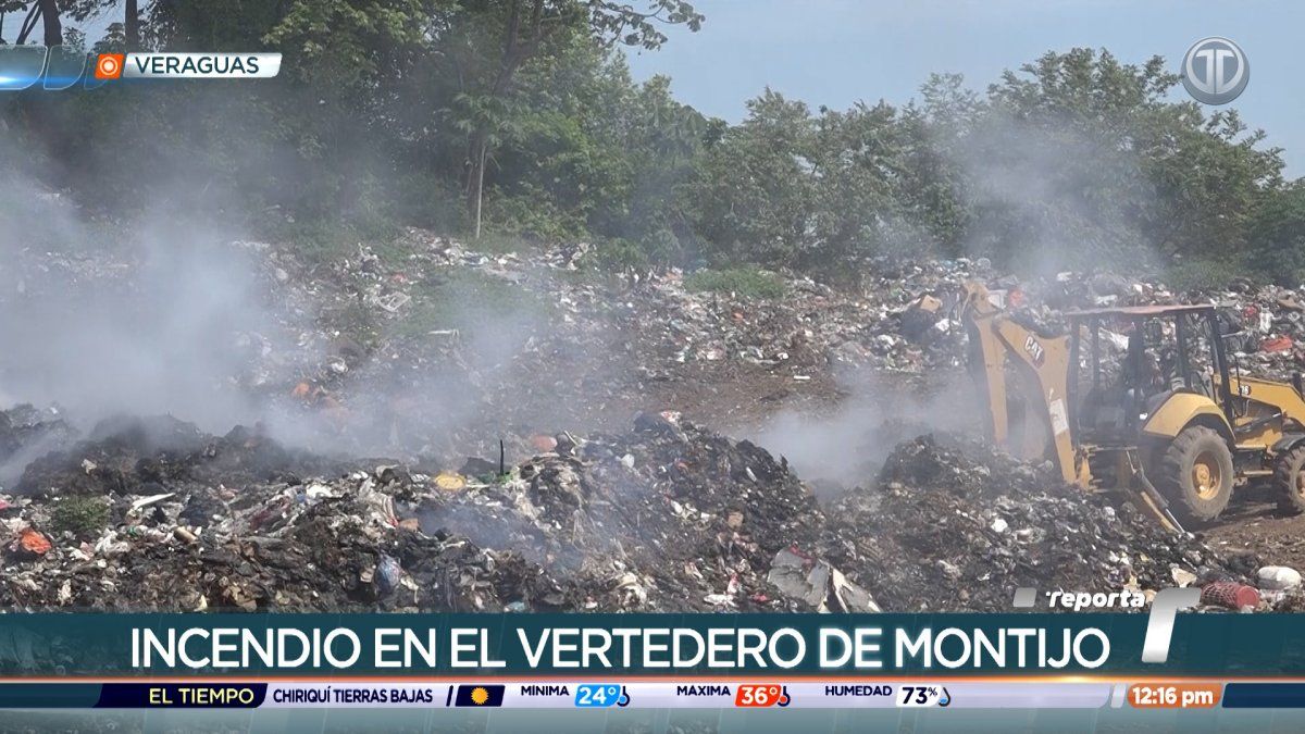 Smoke rising from a municipal landfill area in Montijo as crews work to contain a fire