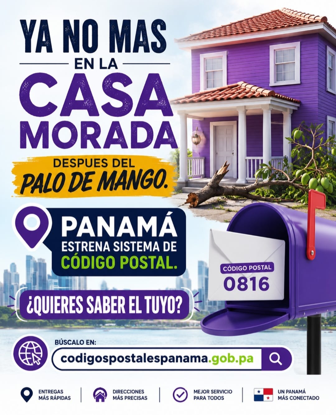 A map-style postal code system for Panama shown alongside a package delivery concept