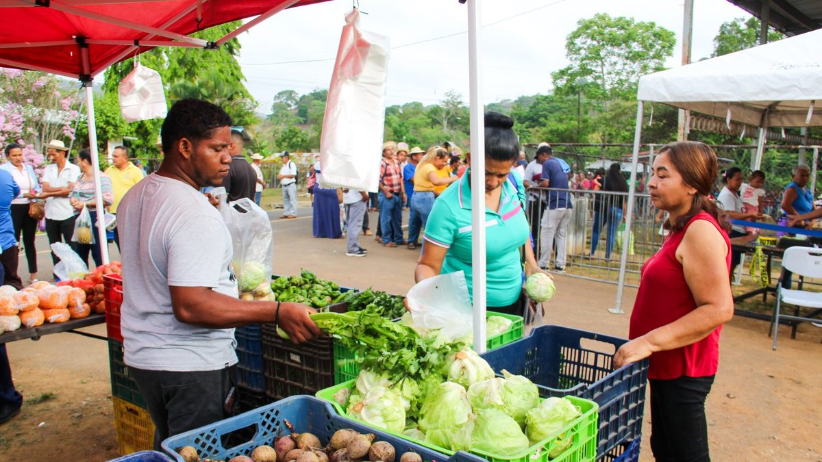 People shopping at an Agroferia market stand with fresh agricultural products in Panama