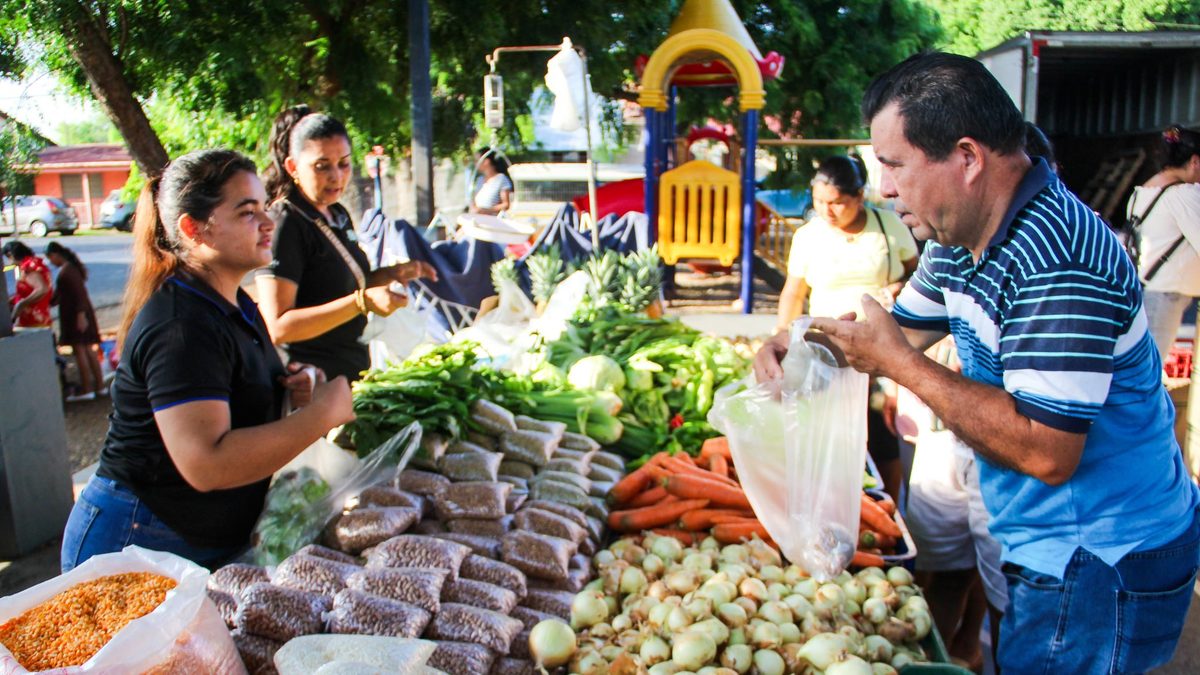 People shopping at an Agroferia with fresh produce and food stalls in Panama